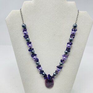 Shop‎ LC Charoite/Amethyst/Glass Pearl Necklace with Stainless Steel Chain 5180